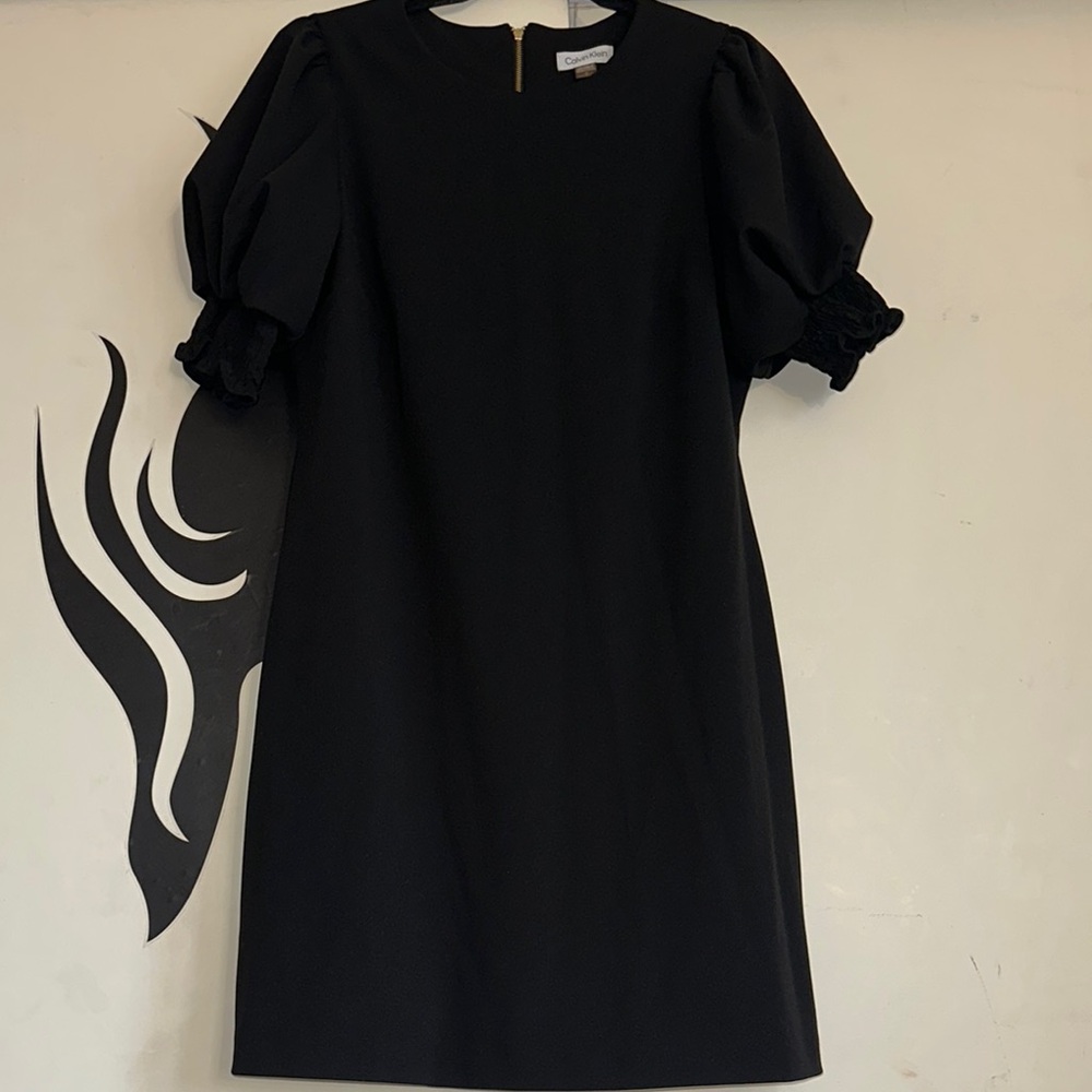 Calvin Klein Black Ruffled Puff Sleeve Sheath Dress